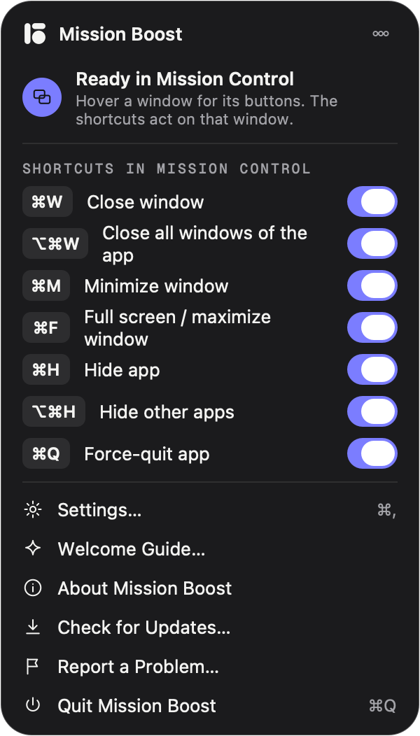 Mission Boost menu in the menu bar