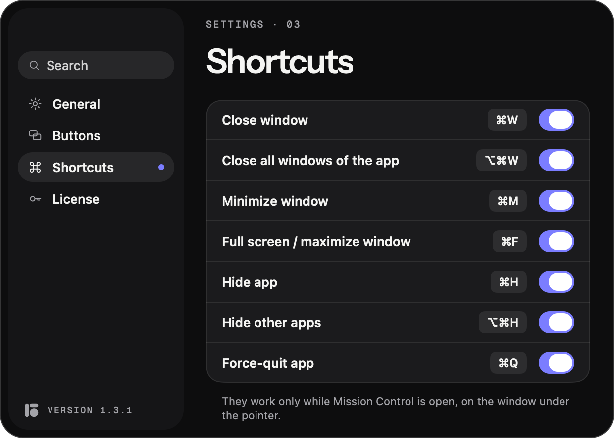 Mission Boost settings: shortcuts
