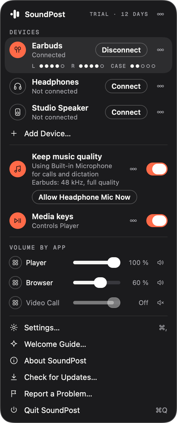 SoundPost menu in the menu bar